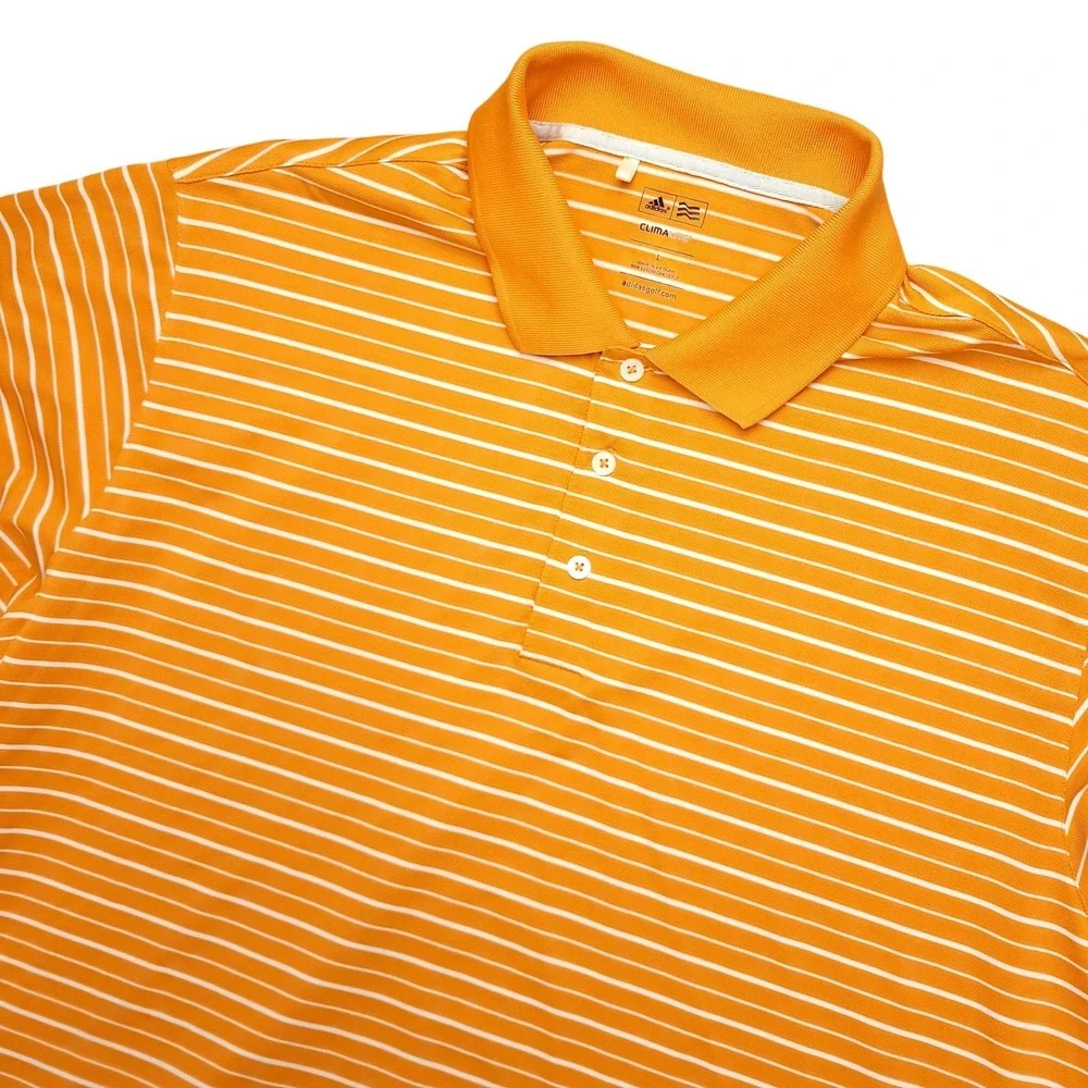 Adidas Polo Shirt Mens L Orange Stripe‎ Golf Climalite Performance Stretch Top